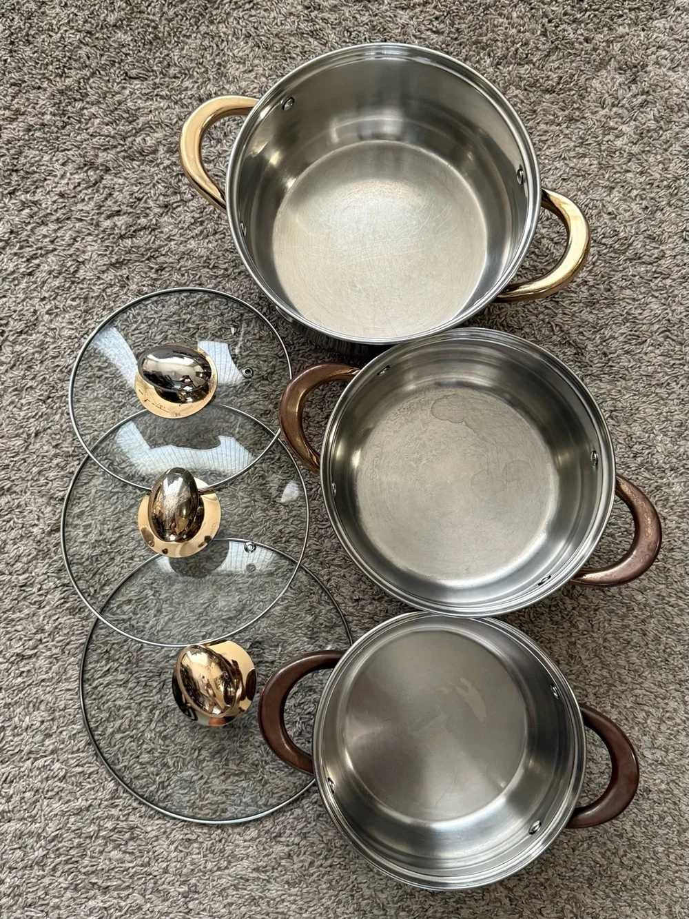 Stainless Steel Stock Pot Set with Gold-Tone Handles and Glass Lids